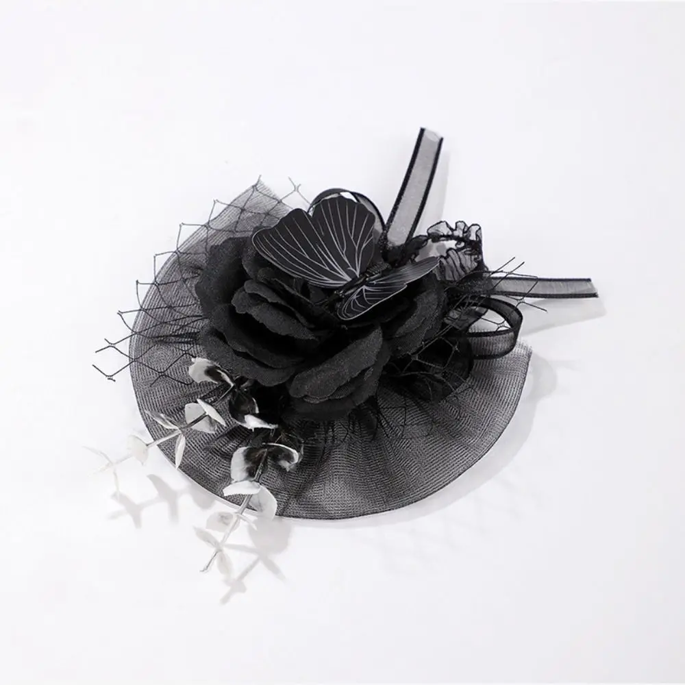 New Fabric Flower Rose Corsage Black Color Ribbon Wrist Corsage Wearable Design Tulle Mesh Flower Brooch Halloween Costume