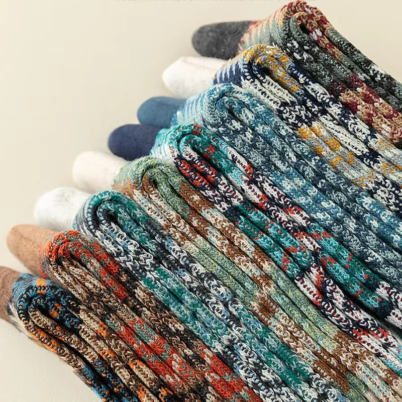 4 Pairs Man Short Socks Retro Bohemian Stripe Style Breathable Cotton Fashion Double Needle Men's Tube Socks Four Seasons