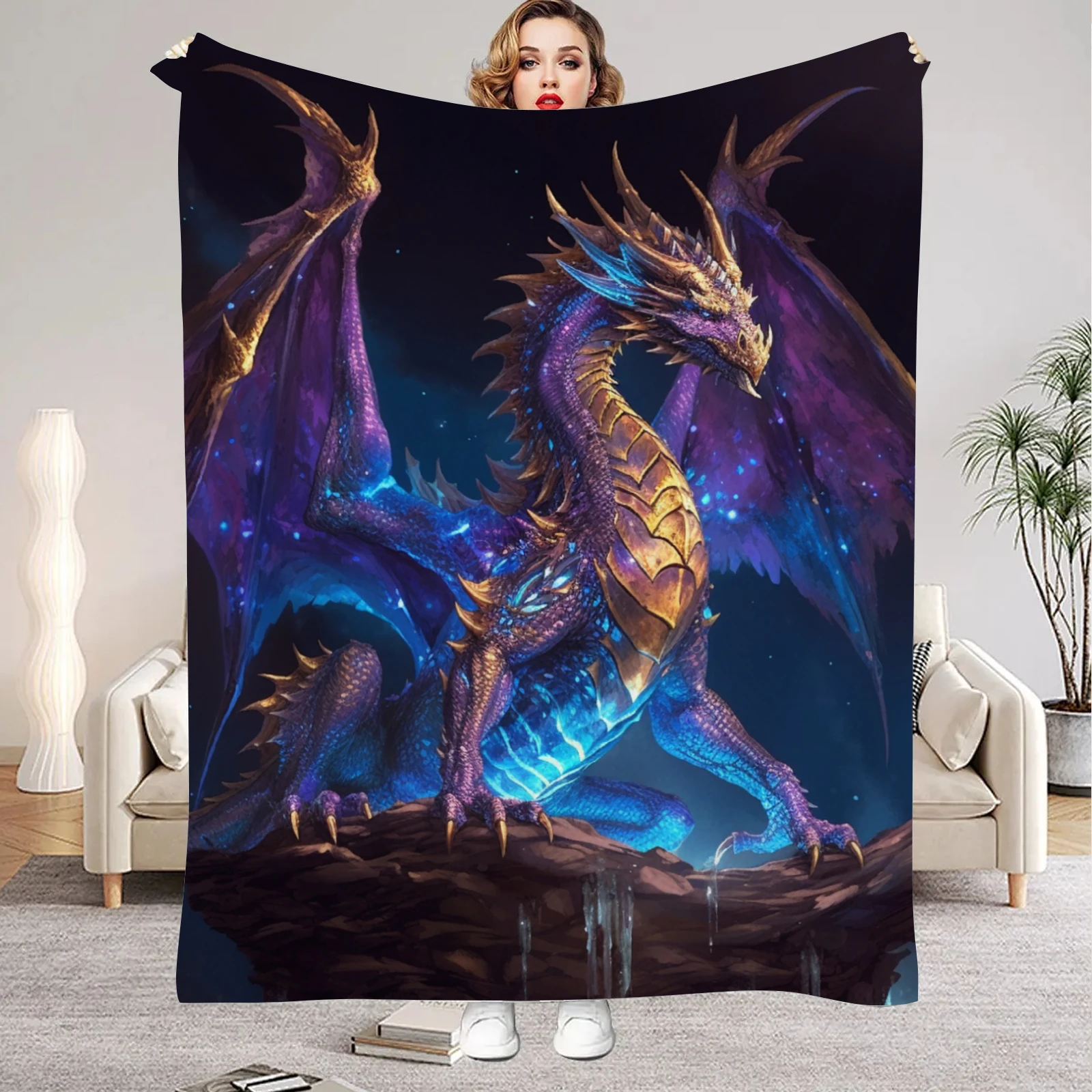 1 Stück digital bedruckte Flanelldecke mit Drachenmotiv, Matratzenbezug, Decke für Familienbetten, Sofas, Büros, Camping im Freien