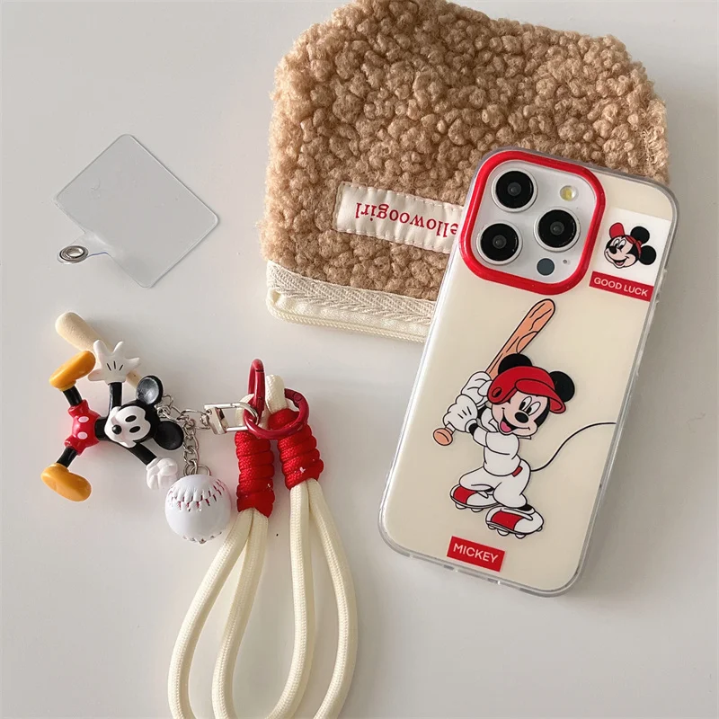 Funda de teléfono anticaída con cordón de Mickey de béisbol de dibujos animados de Disney para iPhone 13 14 12 15 Pro Max Y2K llavero de béisbol de Mickey