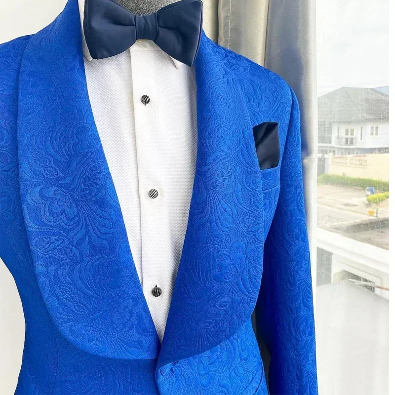 Jacquard Wedding Suits For Men Slim Fit Floral Groom Tuxedo Custom 2 Pcs Male Fashion Costume (Jacket + Pants )