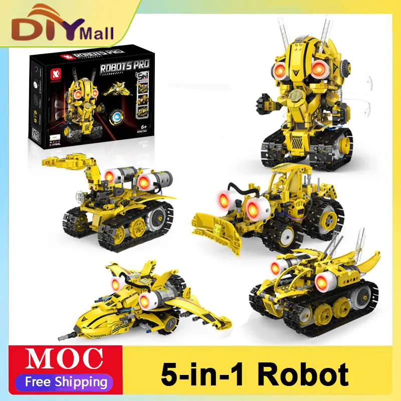 5-in-1 programmierbares Roboter-Baustein-Set, Fernbedienung/APP-Steuerung, Digitalanzeige, Farbsensor, STEM-Spielzeug für Kinder und Erwachsene