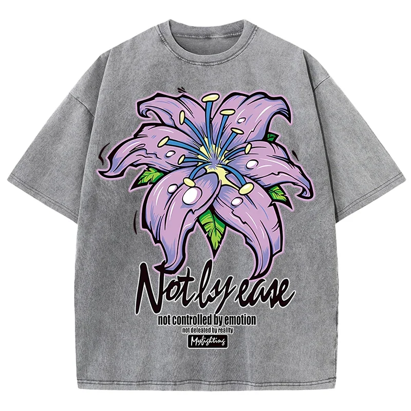 Vibrant blooming flower print retro T-shirt men's and women's loose breathable water wash vintage comfortable T-shirt