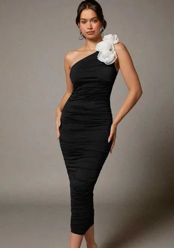 Aangepaste galajurk Hoge kwaliteit formele jersey plooi applique kolom one-shoulder midi-jurk avondfeestjurken voor dames