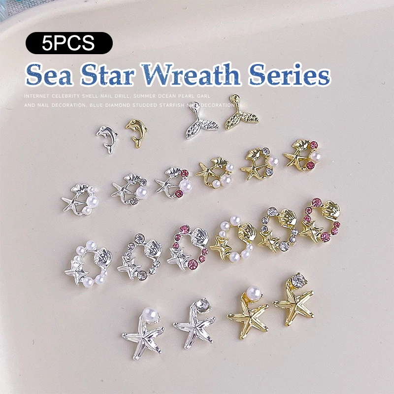 5Pcs Perle Seestern Shell Legierung Kranz Jakobsmuscheln Sommer Nail art Schmuck Dekorationen Mode Niedlichen Metall Maniküre Zubehör