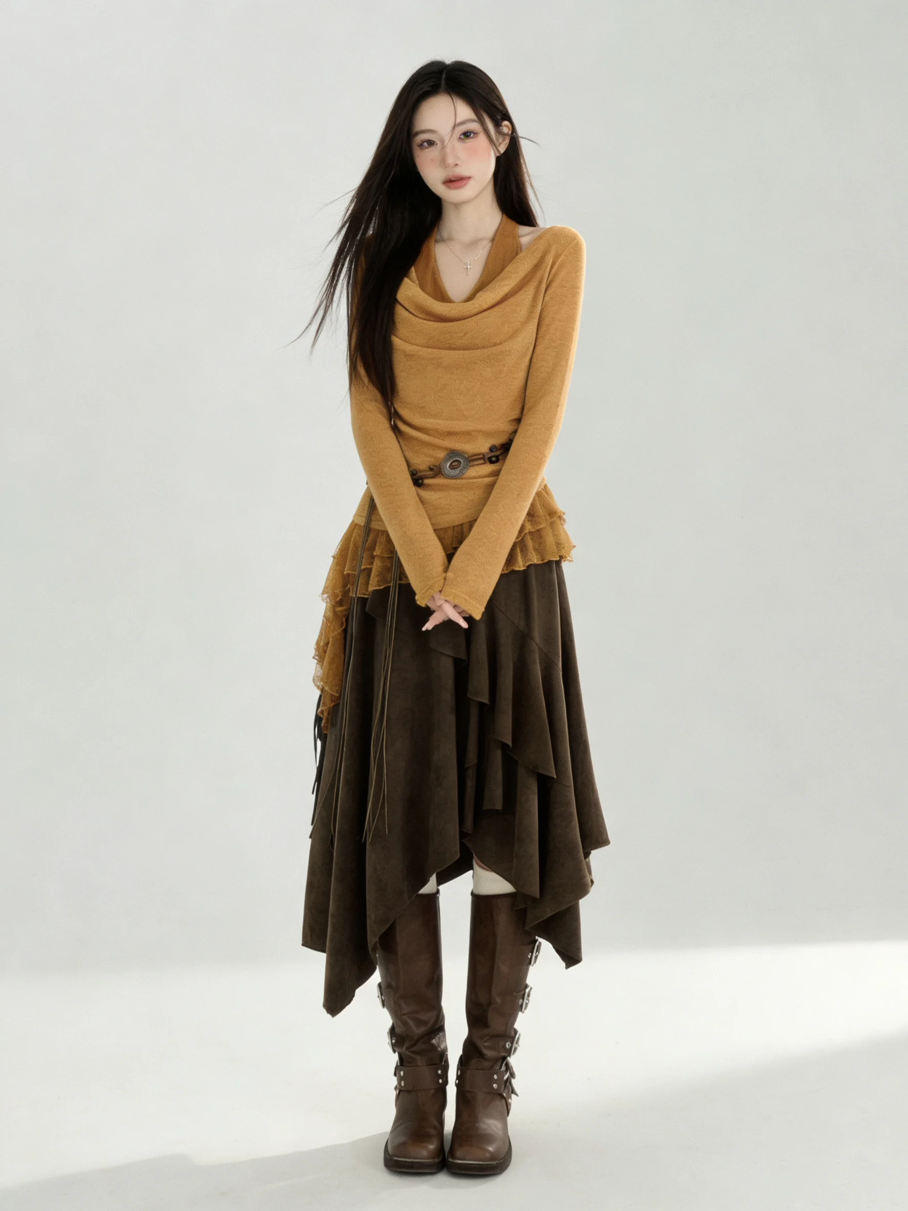 

Travel Fashion Set Neck Hanging Half-Skirt Women's Winter Irregular Two-Piece Suit Casual Work Home Date High Waist Polyester