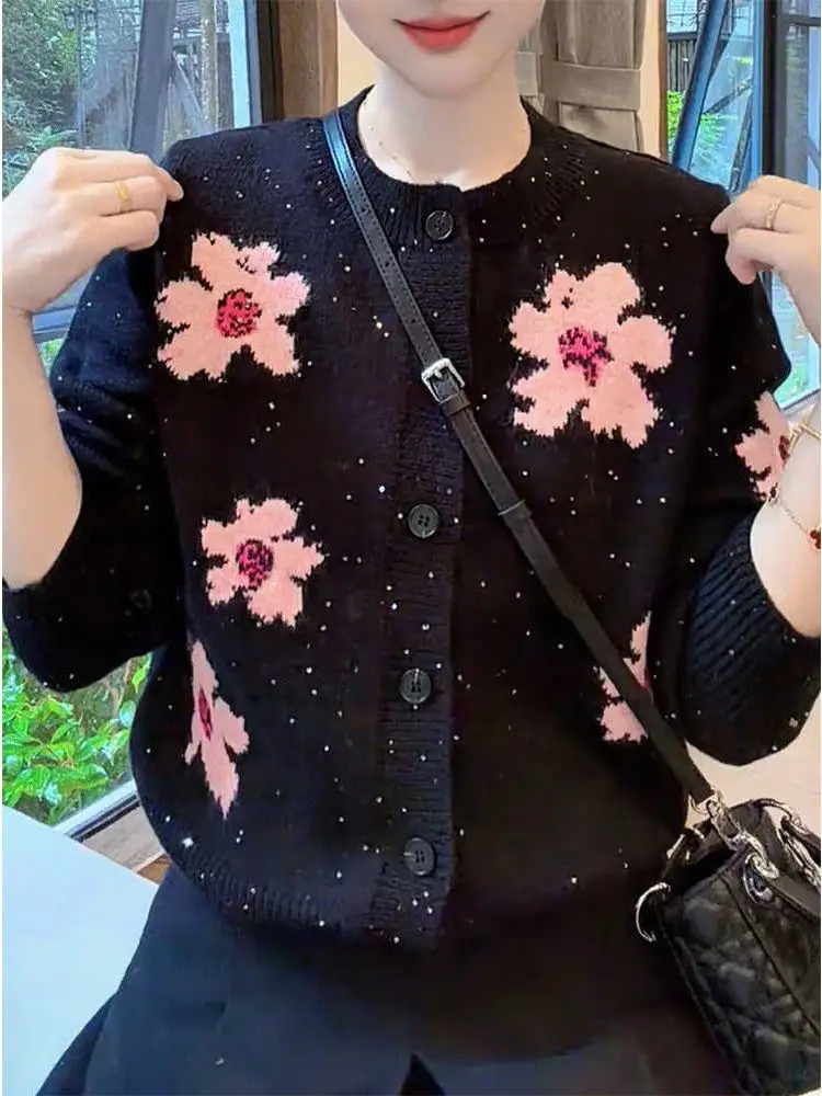 

Floral Knitwear round Ne Loose Fit Winter New Sle Light Maturi Trend Women's Faion Casual Long Sve Cardigan