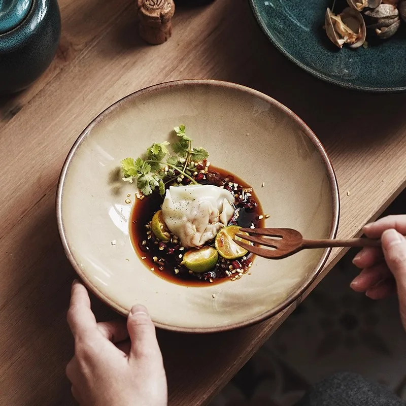 Retro Japanese-Style Footed Ceramic Bowls, Creative Tableware for Noodles, Salad & Dim Sum