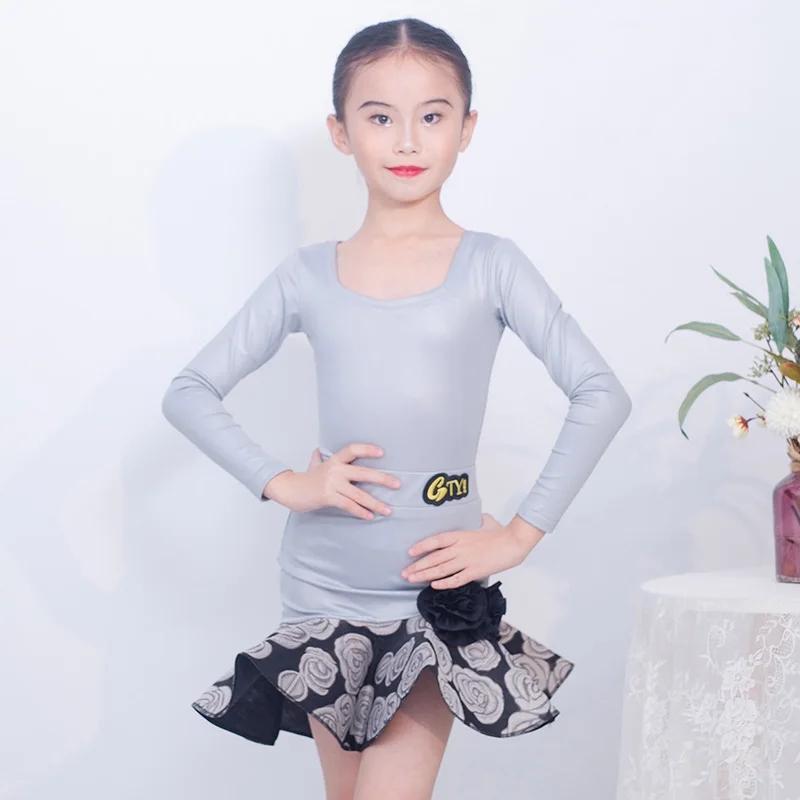 

Серо-черная детская бархатная одежда для латинских танцев с длинными рукавами, детские боди и юбки для девочек, танцевальные костюмы для выступлений