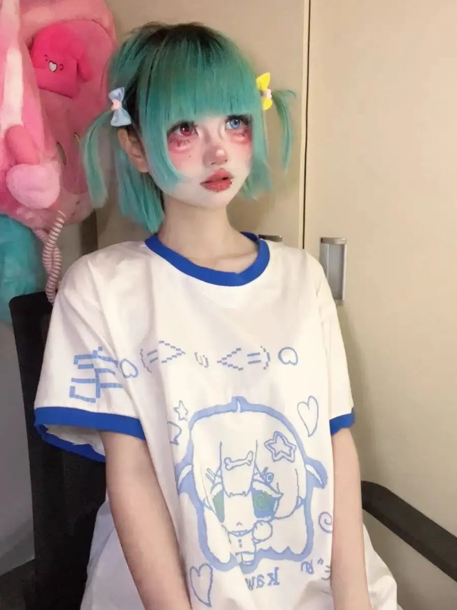 Summer Cartoon Print T-shirt Y2k Aesthetic Anime Tees Kawaii Grunge Japanese T-shirt Women Harajuku Tops Short Sleeve Streetwear