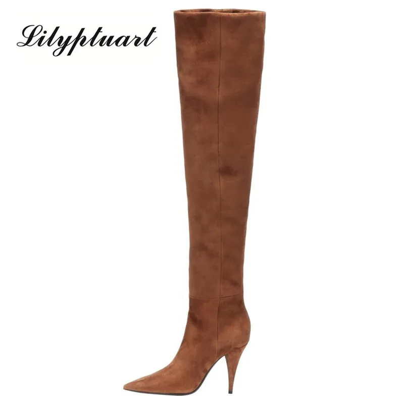 Pleated Solid Color Pointed Thin Heels Women Knee-high Boots Big Size 35-44 2020 Fashion Ladies Shoes Zapatos De Mujer