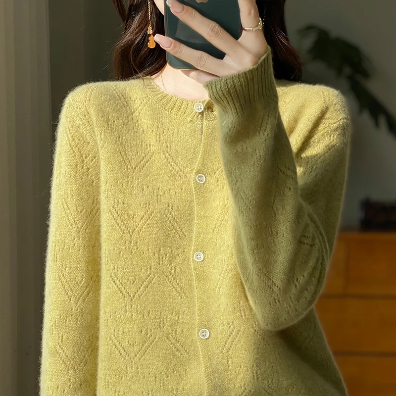 Spring Autumn Women Hollow Cardigan Knitwear 100% Merino Wool Tops O-neck Long Sleeve Women Sweater Korean Popular Clothing Tops