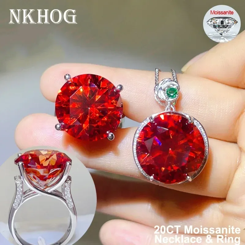 

NKHOG 20CT Муассанит Ювелирные Наборы Кольцо Ожерелье Подвеска S925 Серебро D Цвет Красный Бриллиант Рубин Женщины Свадебная Вечеринка Подарки С GRA