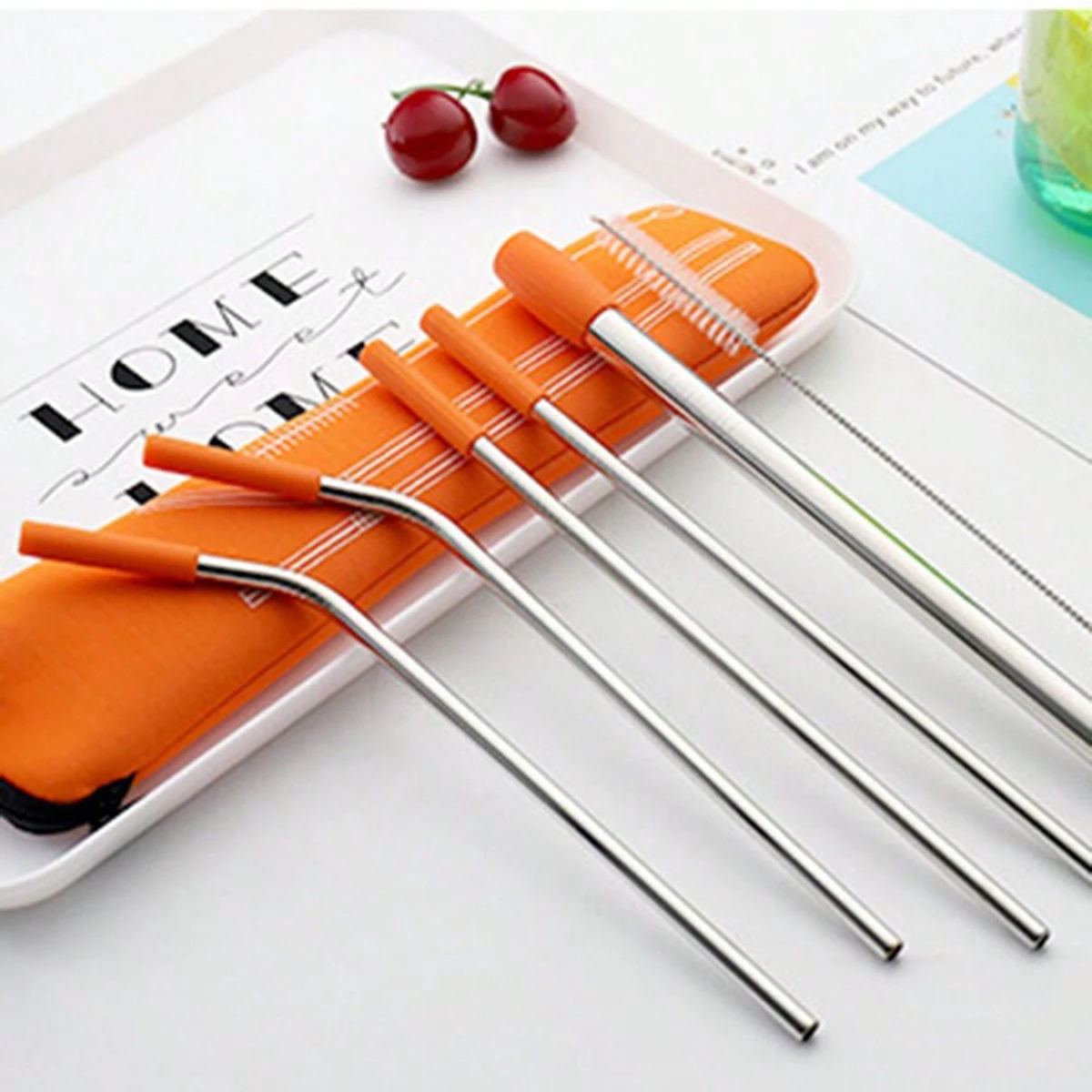 7pcs, Straw, Stainless Steel Reusable Straws With Silicone Straw Tip,Tea Straws, Travel, Beach, Party Supplies