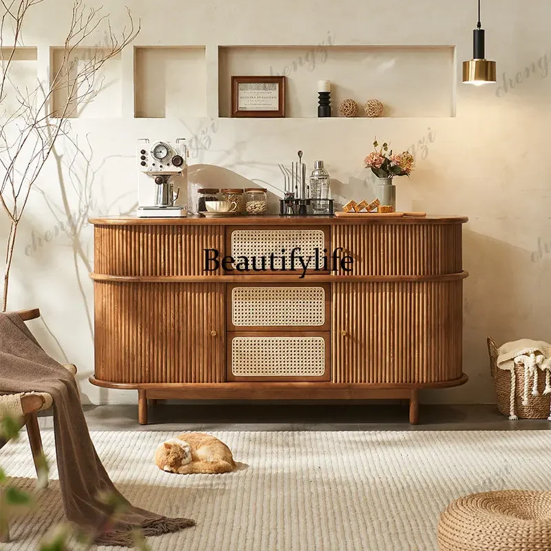B567 Nordic solid wood locker rattan dining side cabinet Japanese retro roller shutter small apartment storage entrance cabinet