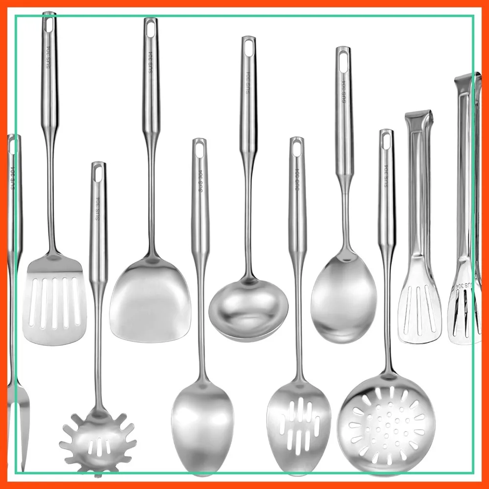 

11-Piece 304 Stainless Steel Kitchen Utensil Set, Long Metal Cooking Tools with Spatula, Ladle, Tongs, Dishwasher Safe