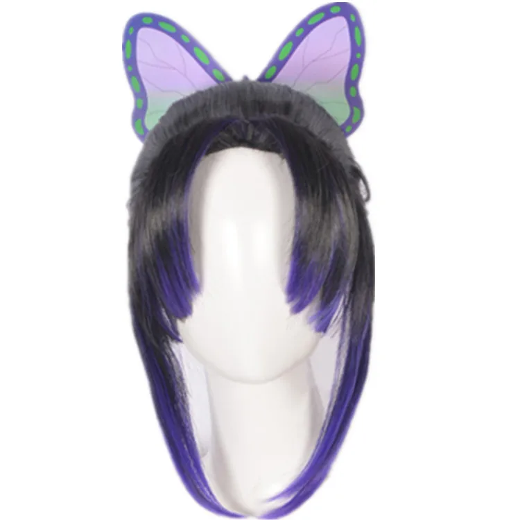 Anime Chasseur De Demons Cosplay Wig  Butterfly Hair Clip Long Black Purple Wig Anime Hair Wigs for Halloween Costume Party