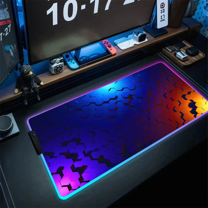 

Большой игровой коврик для мыши RGB Cool, светодиодный светящийся коврик для мыши, геометрический шестигранный художественный коврик для мыши, резиновый настольный коврик с подсветкой, коврики для клавиатуры