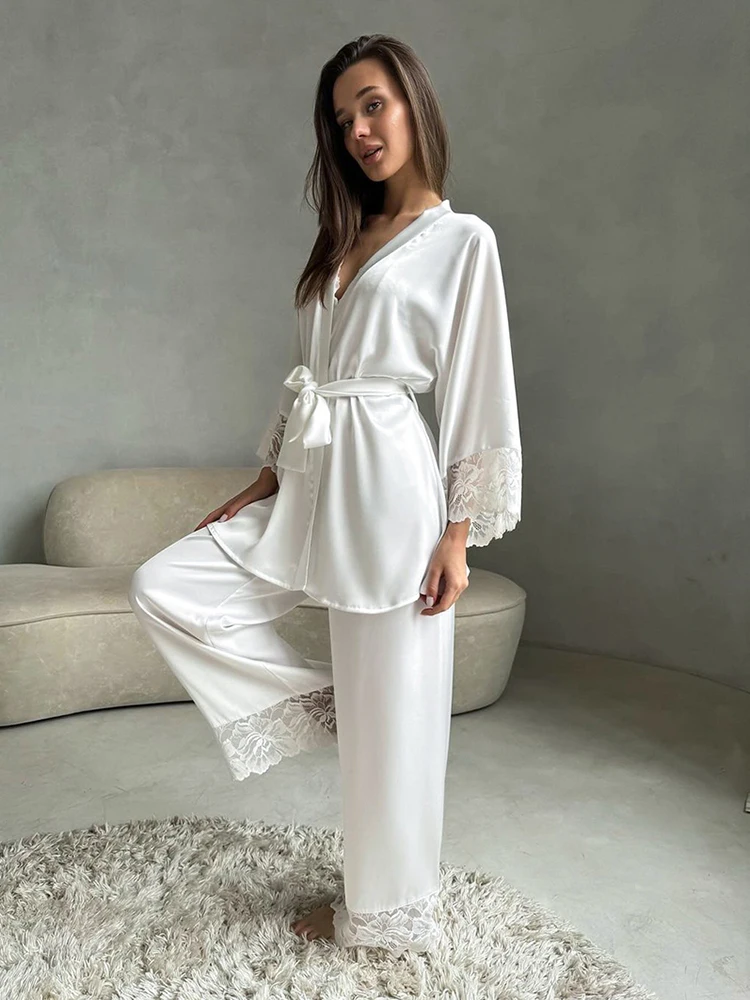 Hiloc White Women Pants Two Pieces Pajamas Suits Lace-Up Robe ​Wide Legs Pants Lace Ladies Homewear 2024 Casual Ladies Pants Set