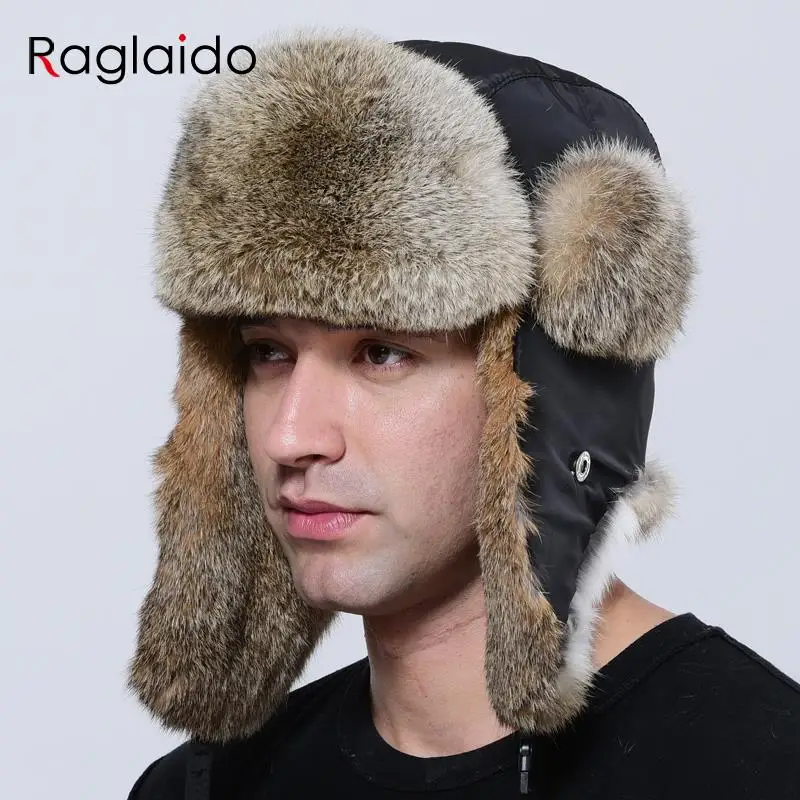 

Fur Hat Men Thick Warm Bomber Natural Rabbit Fur Ushanka Winter Warm Trapper Ear Hats