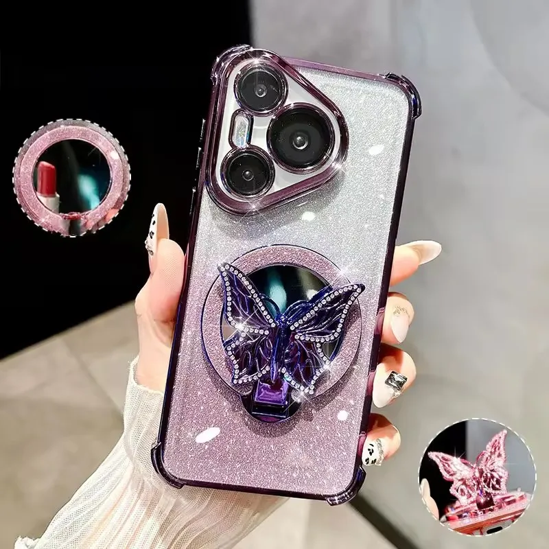 Shockproof Mirror Butterfly Holder Phone Case For Xiaomi Poco C75 C71 C65 C61 C55 C40 M7 4G M6 Plus M5S M3 M2 Pro 5G Soft Cover