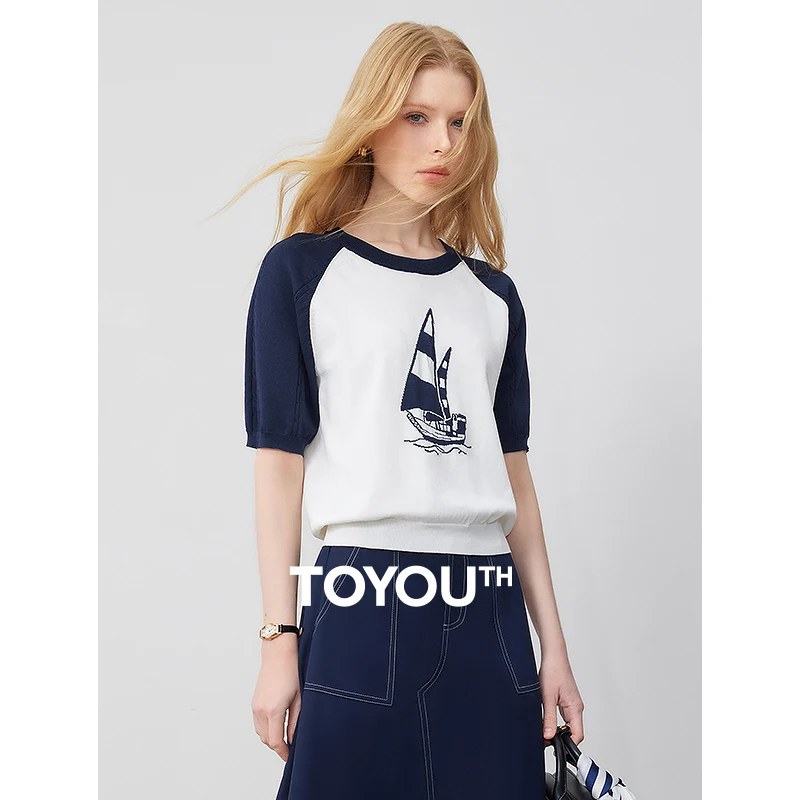 TOYOUTH Women Knitted Short Sleeved Shirt 2024 Summer New Sailing Jacquard Raglan Sleeve Short Top