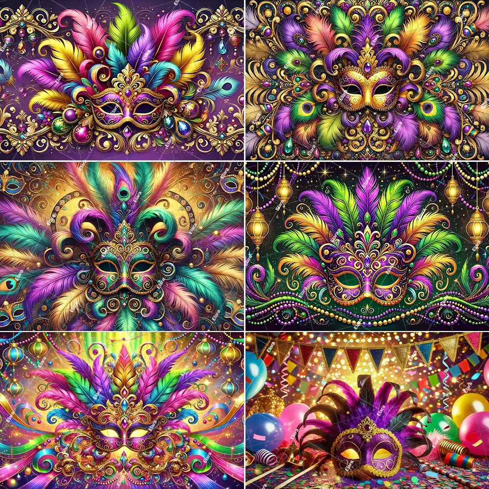 

1Pcs Carnival Dance Mask Purple Photography Backdrop Masquerade Party Decor Bright And Colorful Feathers Banner Studio Props