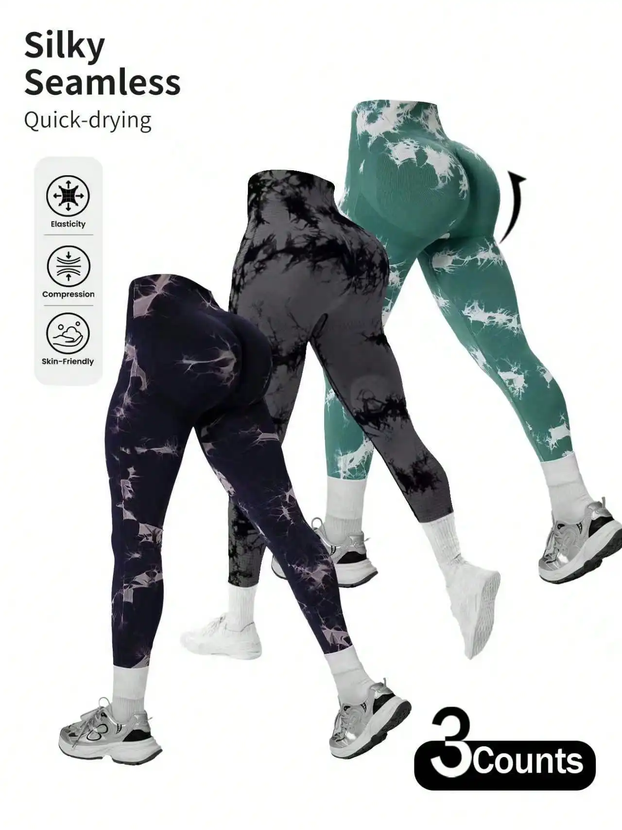 3 قطعة سراويل رياضية نسائية عالية الخصر مصبوغة بربطة عنق ، رفع الأرداف وتنحيف الساقين سراويل اليوغا