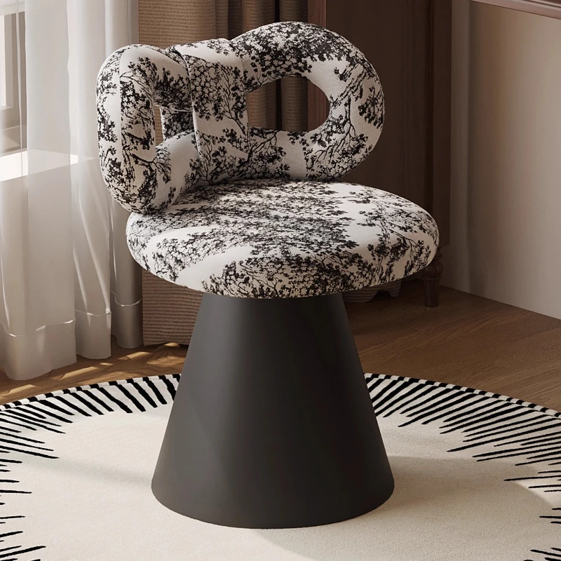 ‌Mid-Century Vanity Stool, Swivel Makeup Chair with Backrest, Bow Print Accent Seating, Aesthetic Decor Cushioned Chair Solution