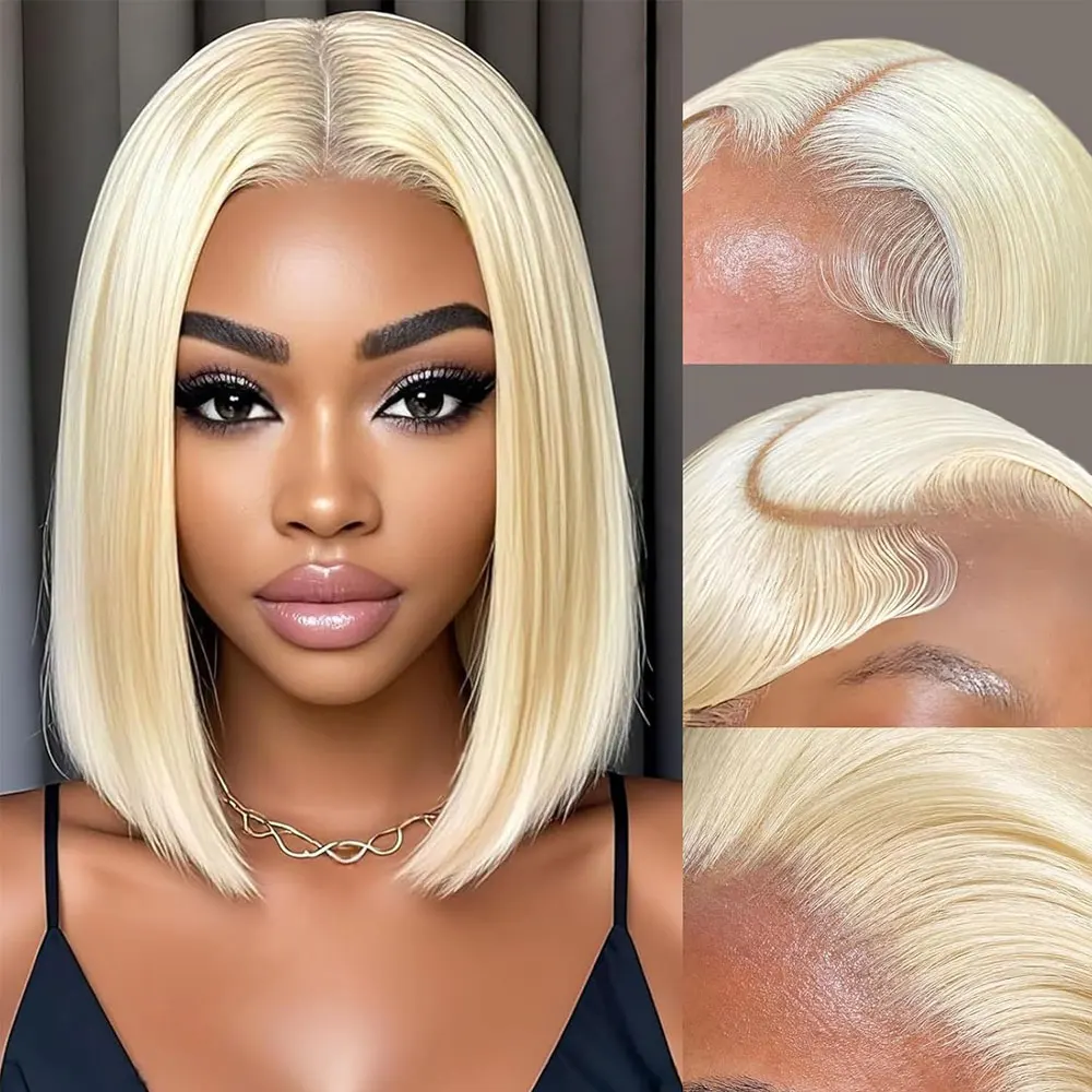 613 bob peruca dianteira do laço cabelo humano 250% em linha reta 13x4 hd renda transparente 100% peruca loira brasileira pré-arrancado com cabelo do bebê