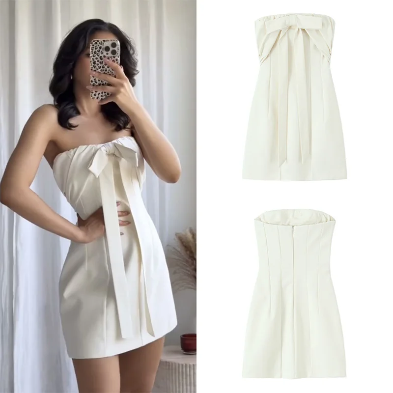 

2025 Summer One-Length Bow Decoration Pure And Sexy Strapless Fashion Sexy Zipper Sleeveless Waist Solid Off-Shoulder Mini Dress