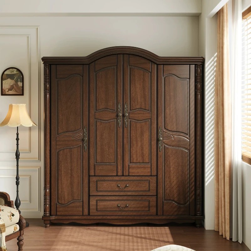 Retro solid wood wardrobe, bedroom furniture, four doors to open the door, storage wardrobe