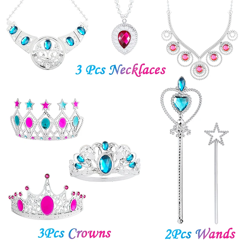 48Pcs Princess Pretend Jewelry Toy Kit Crowns Necklaces Wands Earring Bracelets Cosplay Girls Favor Party Dress Up Gift for Kids