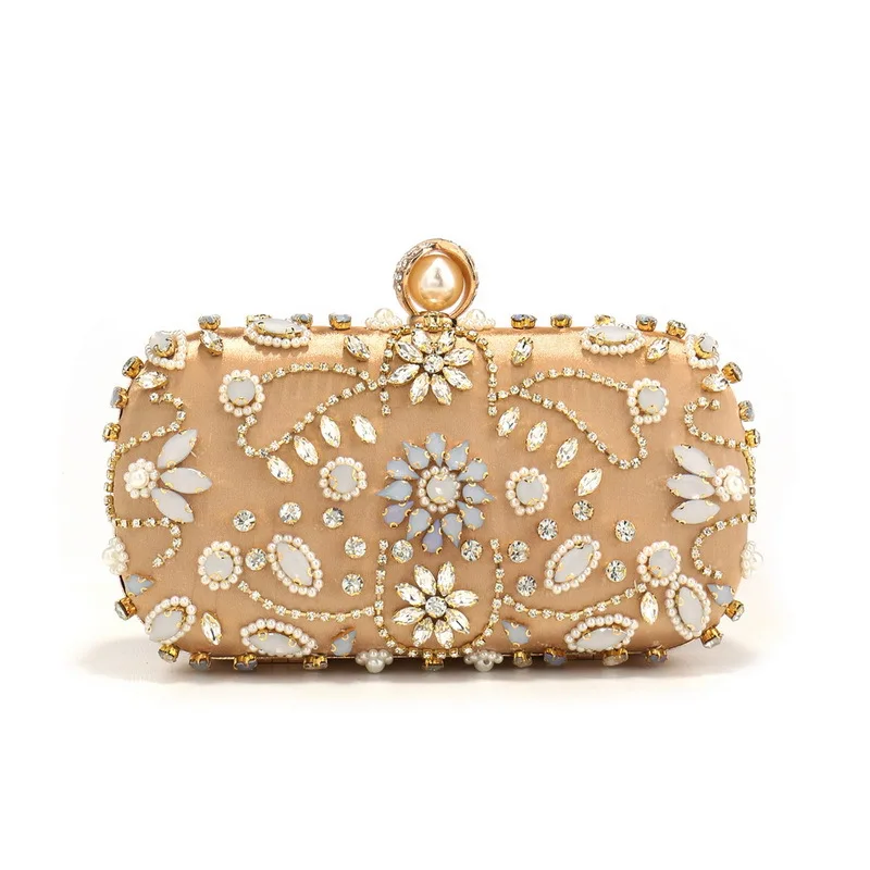 Classic Beads Evening Clutch Women Handmade Pearl Embroidery Diamonds Ladies Handbags Fashion Gold Wedding Party Bags