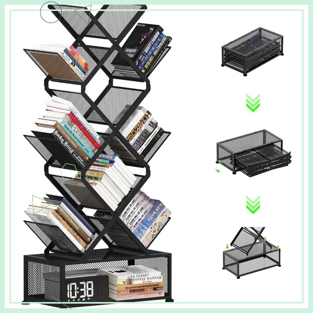 

9-Tier Space Saving Folding Bookshelf, No Installation Required Metal Shelf for Living Room, Study, Home Office