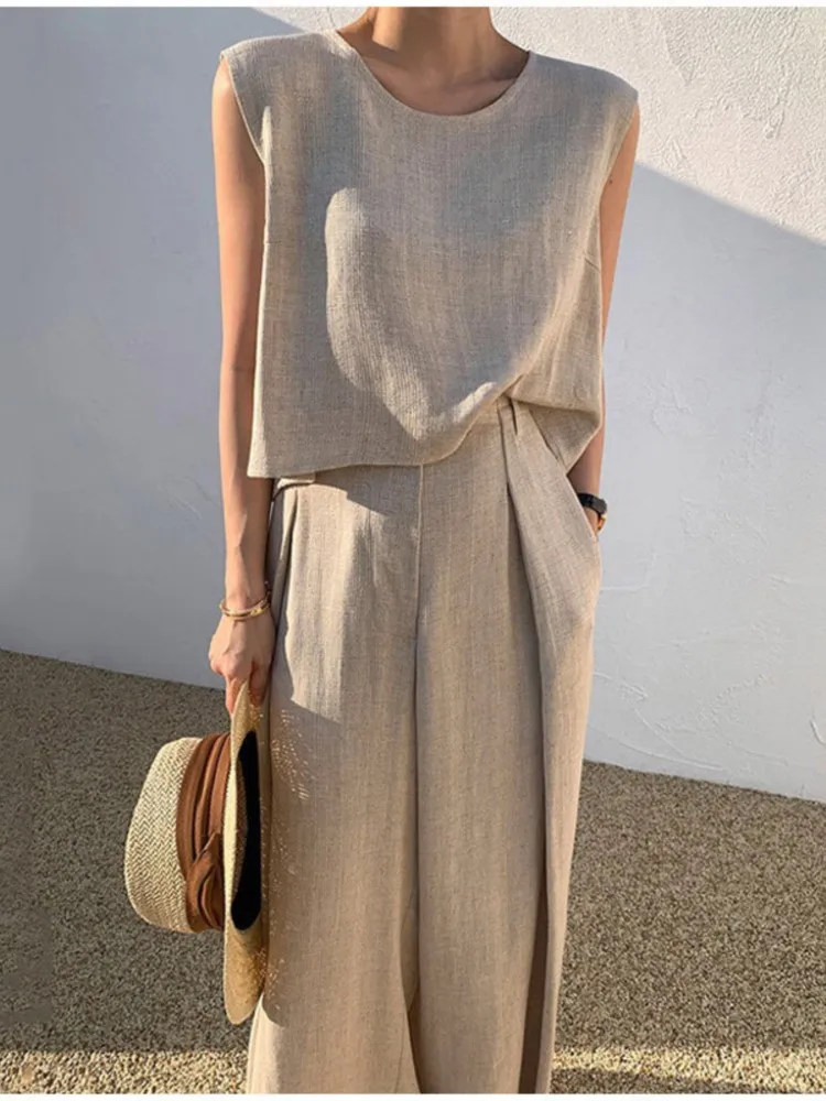 2024 Spring Summer Solid Color Cotton Linen Two Piece Set Women Fashion Casual Sleeveless Tops Loose Wide Legs Pants Ladies Sets