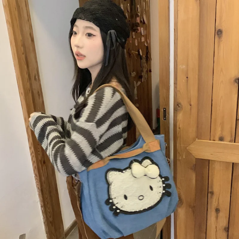 Sanrio Hello Kitty cute retro handbag cartoon contrasting color versatile shopping travel large capacity shoulder messenger bag