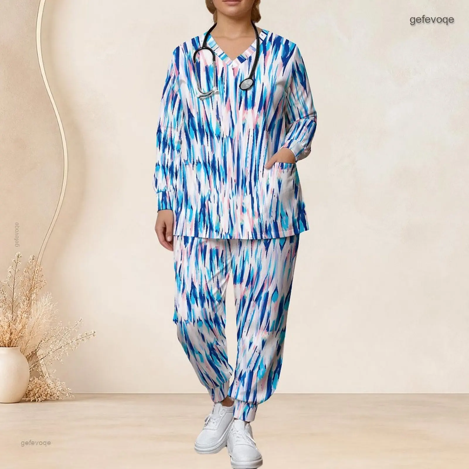 Printed Scrub Set for Women V Neck Long Sleeve Pocket Top Long Pants Two Piece