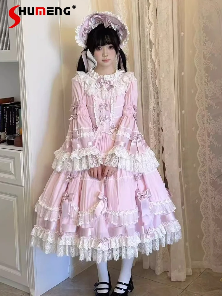 

Original Elegant Socialite Princess Party Dress Ruffles Round Neck Bell Sleeves Bow High Waist A-line Lolita OP Dress for Women