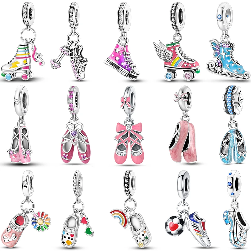 

925 Sterling Silver Ballet Dance Shoes High Top Canvas Shoe High Heels Charms Beads Fit DIY Bracelet Fine Birthday Jewelry Gift