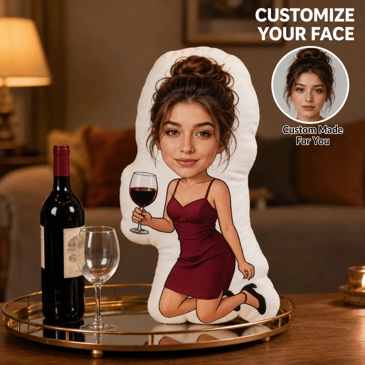 Custom Personalized Photo Face Pillow, Red Dress Woman Holding Wine Glass Shaped Decorative Cushion, 60cm Large Size Accent Pill