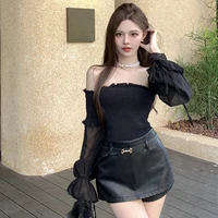Solid Color Slim Fit Off Shoulder Sexy Women's Chiffon Shirt Sweet Flare Long Sleeved Chic Fashion New Lady Short Tops 8066 - Image 5