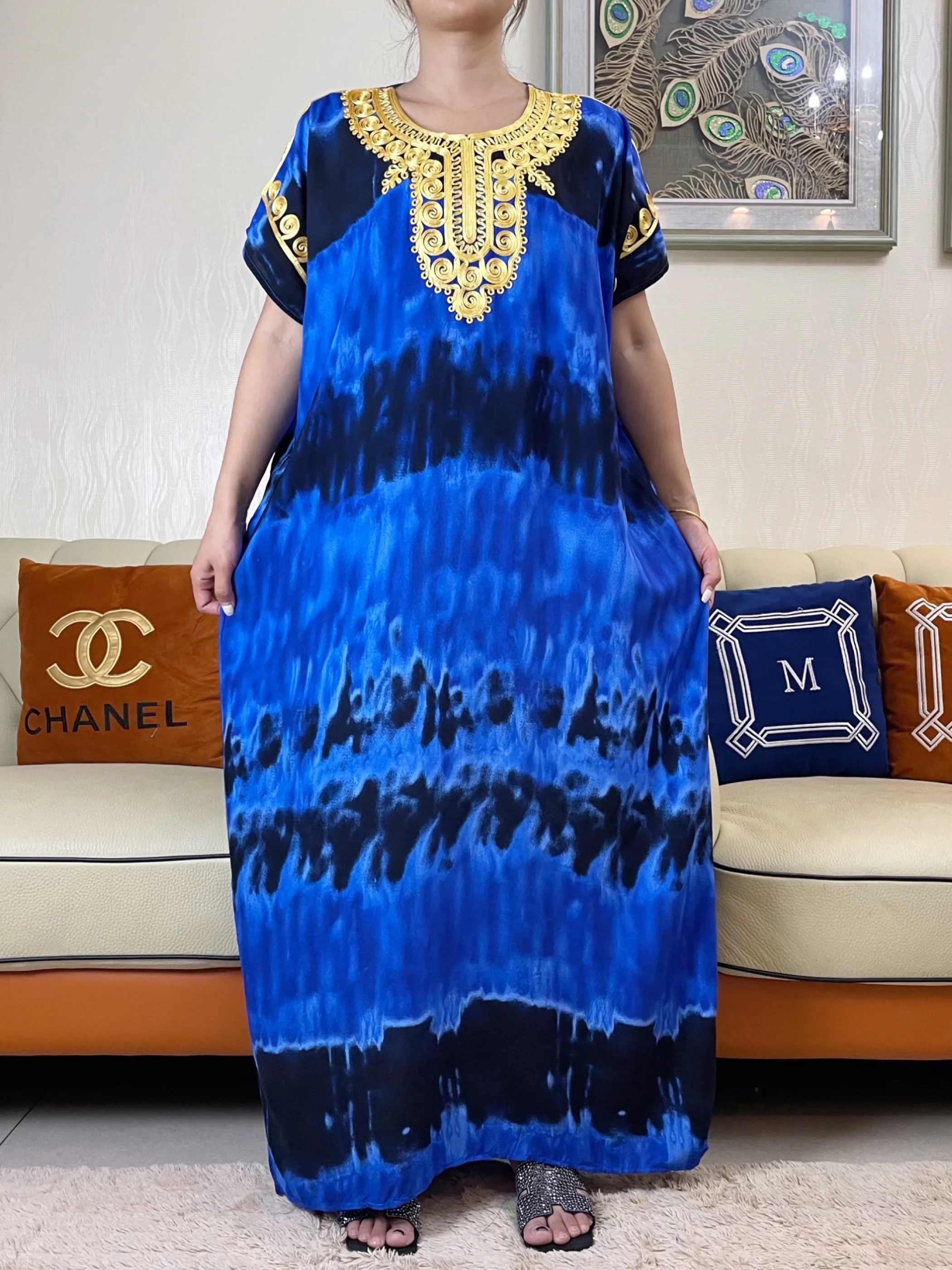 

New Summer Short Sleeve New African Abaya Dress Embroidery Tie-dyed Women Loose Maxi Dubai Robe Femme Islamic Evening Dress