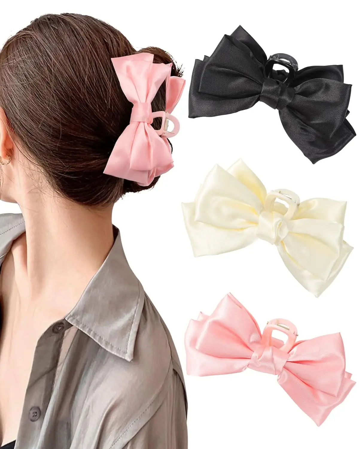 

1pc/3pcs Large satin bow grab clip, girl's sweet non-slip hair shark clip on the back of the head，suitable for all kinds of hair
