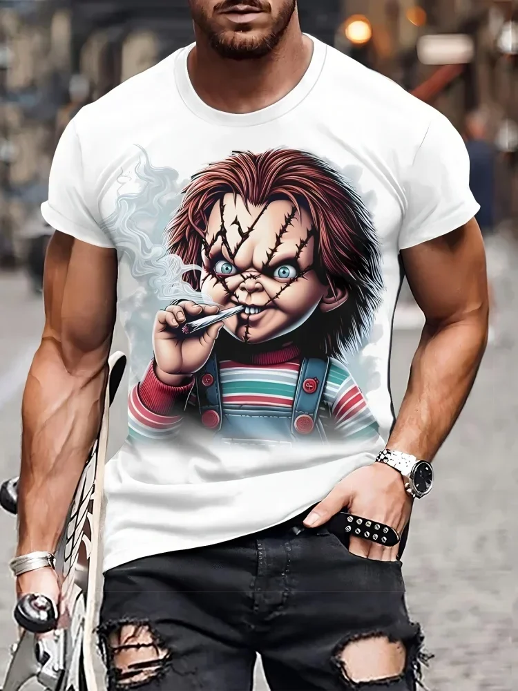 2027 Trendy Men Chucky Doll Horror Graphic T-Shirt 3D Print Scary Movie Character Crew Neck Short Sleeve Black Novelty Tee Tops