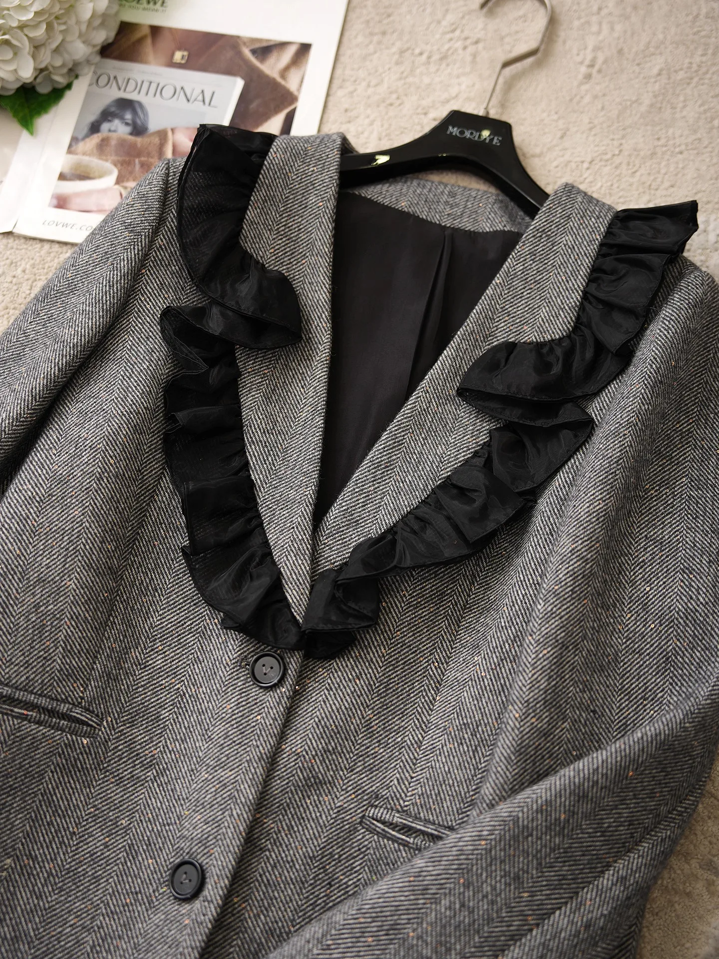 

Ele ey Woolen Suit Jaet with Peter Pan Collar And Tweed Pattern Stand Fit Casual Commute Sle Fully Lined Warmth