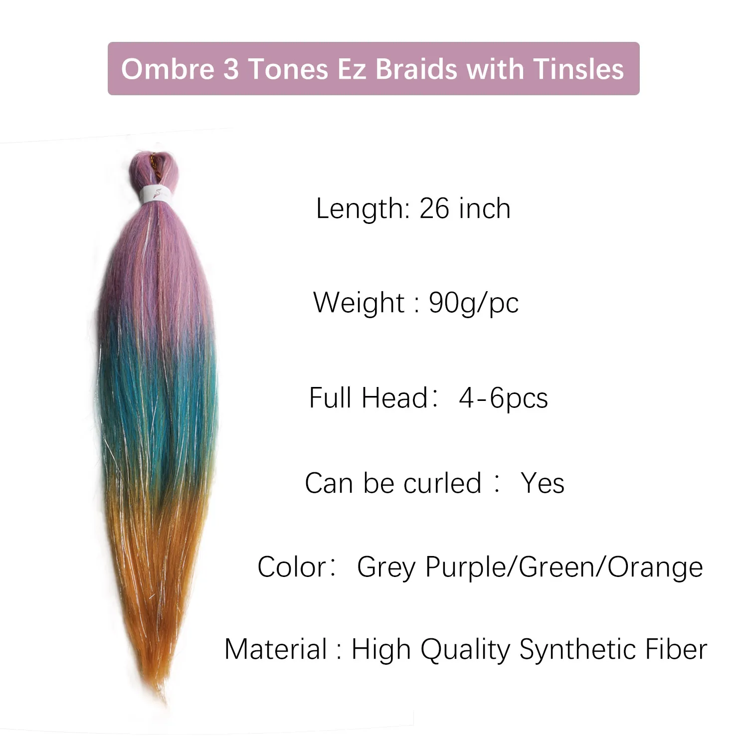 Cabello trenzado preestirado Ez, extensiones de cabello ombré de 3 tonos, trenza colorida, Tinsels mezclados para niños