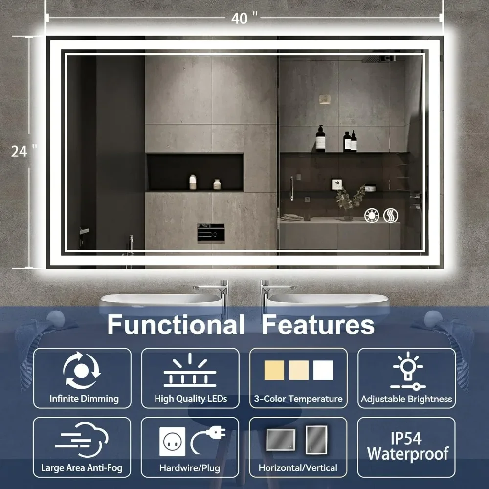 LED Bathroom Mirror Bathroom Mirror with Lights Front and Backlit LED Mirror Anti-Fog Dimmable 3 Colors Smart Memory Function