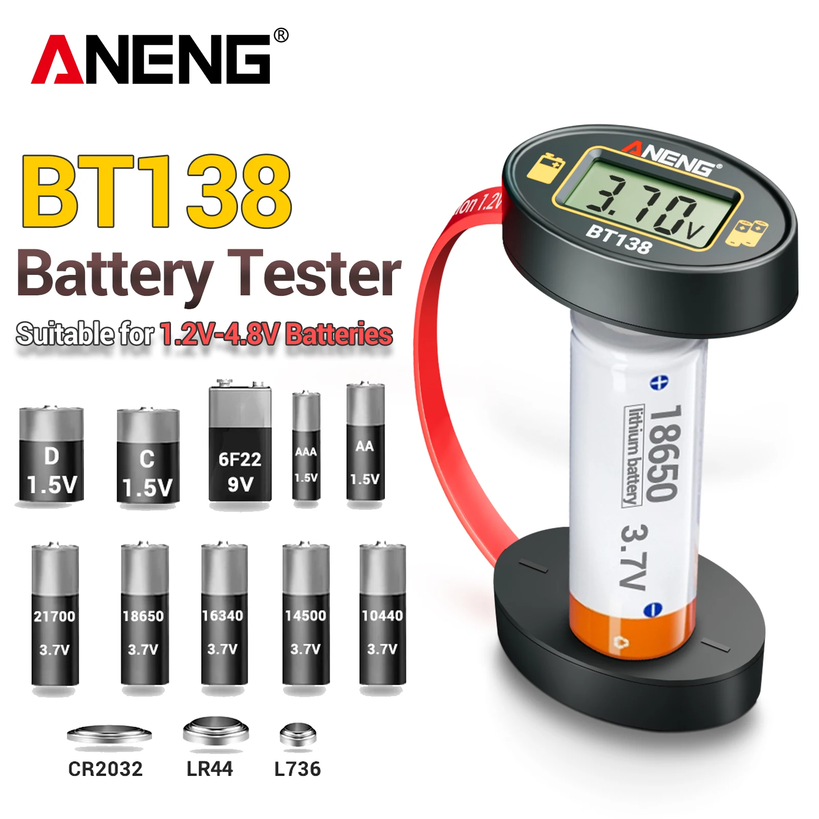 ANENG BT138 Batterietester ohne Stromversorgung LCD-Display 1,2V-4,8V/9V Prüfgerät für AA AAA 9V Knopfzellen 18650 21700 Batterie-Spannungstest