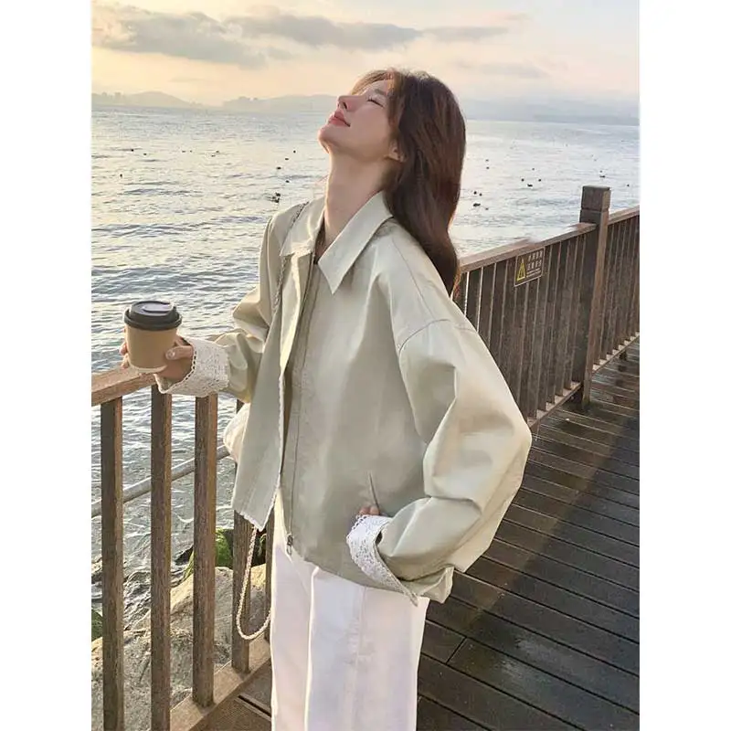 

Women Clothes Autumn Fashion Korean Lace Patchwork Solid Color Cardigan Female All-match Fashionable Pocket Zipper Versatile Coa